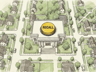 An aerial view, hand-drawn watercolor and ink illustration of a suburban neighborhood centers on a large building labeled "CITY HALL." On the roof of the city hall is an oversized, round yellow button with the word "RECALL" in bold black letters. Surrounding the municipal building are streets, houses, trees, and small cars in sepia and green tones.