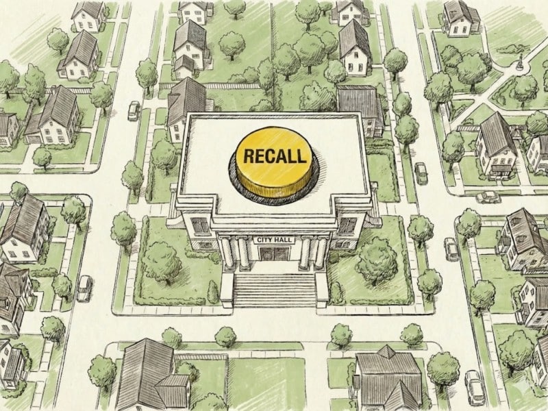An aerial view, hand-drawn watercolor and ink illustration of a suburban neighborhood centers on a large building labeled "CITY HALL." On the roof of the city hall is an oversized, round yellow button with the word "RECALL" in bold black letters. Surrounding the municipal building are streets, houses, trees, and small cars in sepia and green tones.