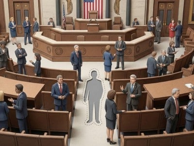 Illustration of the U.S. House chamber with lawmakers talking in small groups with a dashed, empty human silhouette on the floor showing a vacancy.
