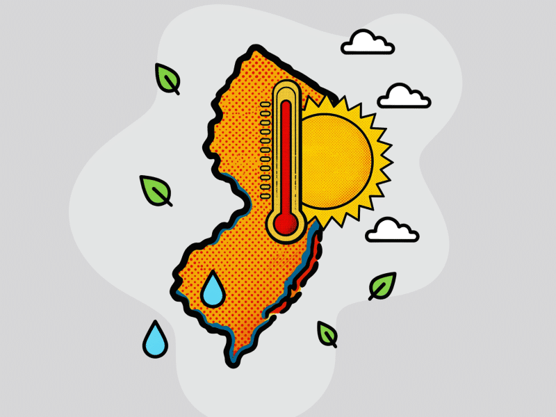 Illustration of New Jersey map surrounded by a thermometer, sun, clouds, leaves, and raindrops.